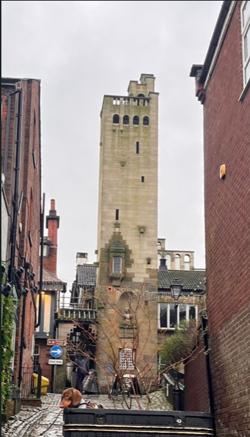 Hermie, not at all interested by the
        <br>Elizabeth Gaskell Memorial Tower in Knutsford